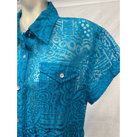 Chicos Womens Sheer Teal Abstract Button Up Blouse Size 2 Short Sleeve Pockets - Picture 3 of 8